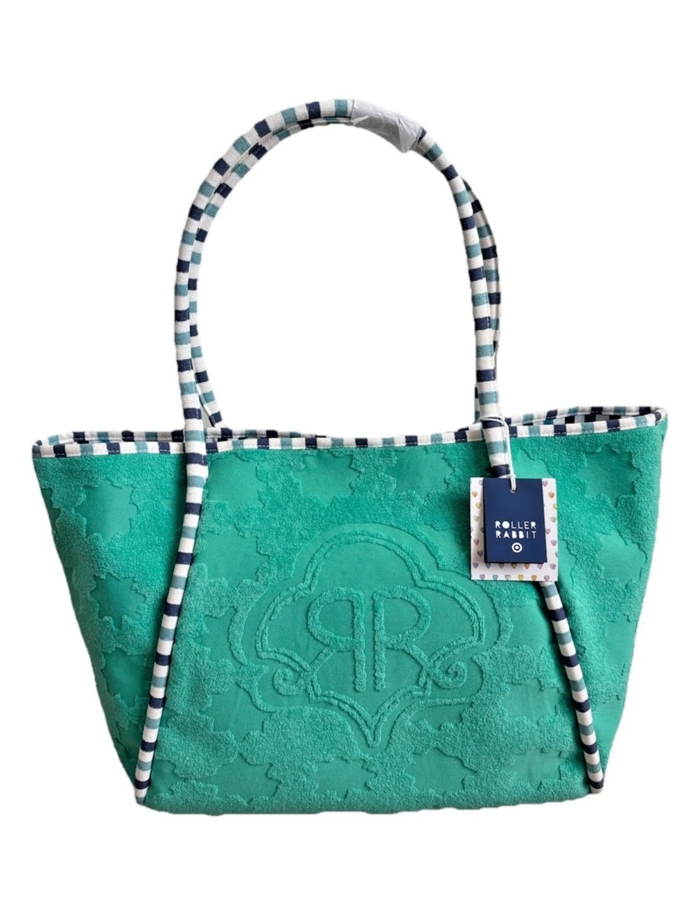 Roller Rabbit Teal Embossed Tote with Striped Handles